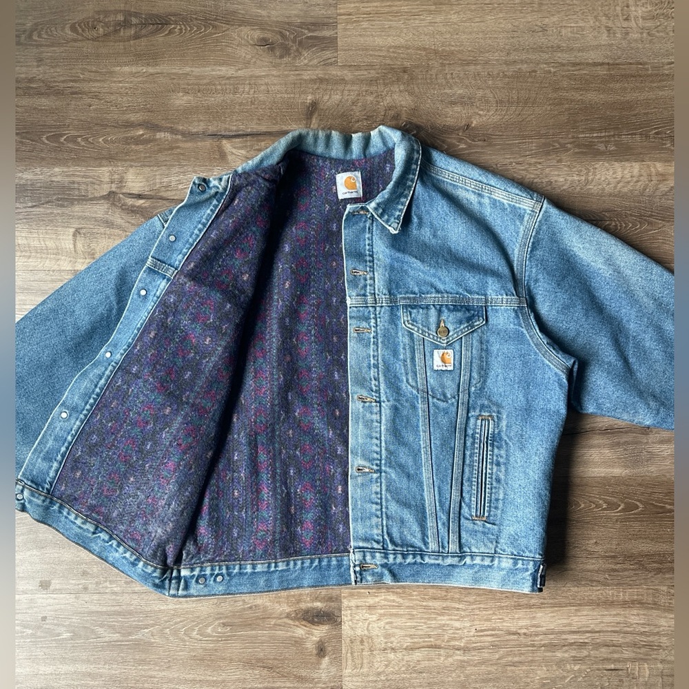 🔥 VINTAGE 90s CARHARTT DENIM TRUCKER JACKET AZTEC LINED PURPLE SOUTHWEST BLANKET